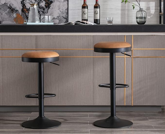 CIMOTA Swivel Round Bar Stools Set of 1 Backless Adjustable Counter Height Barstools Modern Industrial PU Leather Bar Stool Chair for Kitchen/Home Bar/Pub/Bistro/Office, Retro Brown