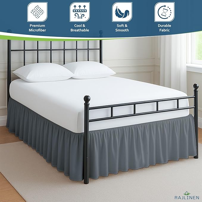 Rajlinen Ruffled Bed Skirt Twin, 14 Inch Drop Dust Ruffle with Split Corners, 100% Microfiber Bedskirt with Platform, Three-Sided Coverage Ruffled Gathering Design, Dark Grey