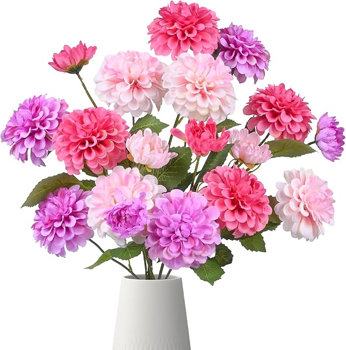 6Pcs Fake Artificial Pompon Mums Flowers Indoor with Long Stems Ball Chrysanthemum Faux Silk Flowers for Vase Floral Arrangement for Spring Home Decor Centerpieces for Table Kitchen Decoration