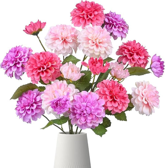 6Pcs Fake Artificial Pompon Mums Flowers Indoor with Long Stems Ball Chrysanthemum Faux Silk Flowers for Vase Floral Arrangement for Spring Home Decor Centerpieces for Table Kitchen Decoration