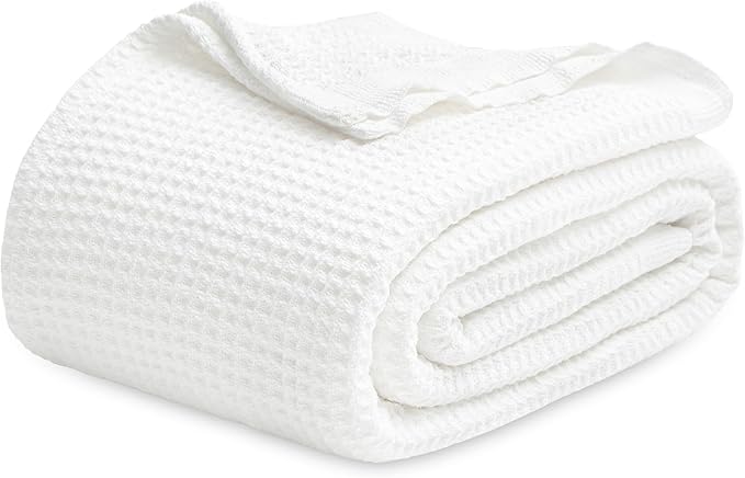 Bedsure Gentlesoft 100% Cotton Blanket Queen Size for Bed - Breathable and Soft for Spring Summer, Thick Cozy Waffle Weave Blanket Gifts for Women, White, 90x90 Inches