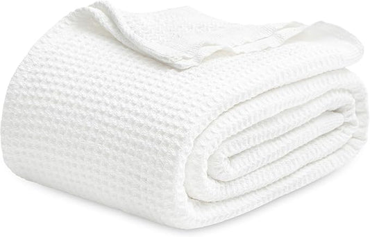 Bedsure Gentlesoft 100% Cotton Blanket Queen Size for Bed - Breathable and Soft for Spring Summer, Thick Cozy Waffle Weave Blanket Gifts for Women, White, 90x90 Inches