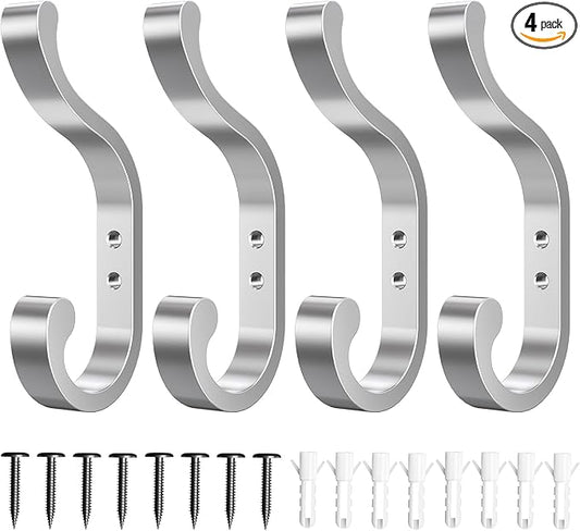 Coat Hooks Wall Mount for Hanging - Heavy Duty Backpack Hooks for Wall, Hold up to 30 lbs, Large Hanger Hooks for Towels, Purses, Clothes, Mudroom, Bathroom, Door, Silver, 4 Pack