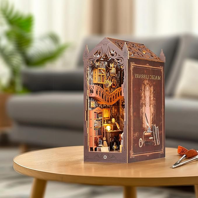 suruim DIY Book Nook Kit Bookend Puzzle Miniature Nook Library Bookshelf Insert Bookends Decoration Books Ornaments Gifts for Adults(Magic House-2)