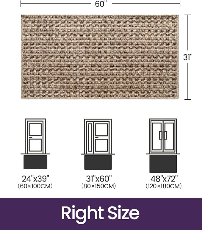 DEXI Dirt Trapper Door Mat, 31x60 Washable Doormat, Dirt Resistant and Absorbent, Easy Clean Low-Profile Floor Rugs for Entryway, Front Door, and Inside Entrance, Checkered Beige