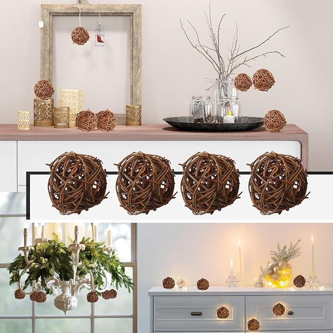 60 PCS 2.36 inch Decorative Wicker Rattan Balls, Wicker Dried Vine Balls for Party Wedding, Table Decoration and Home Décor