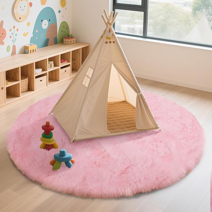 yulidayang Pink Fluffy Round Area Rugs for Bedroom,4'X4'Shag Circle Area Rugs for Girls Room,Non Slip Fuzzy Plush Rug for Kids Room Living Room and Dorm Home Decor Rug