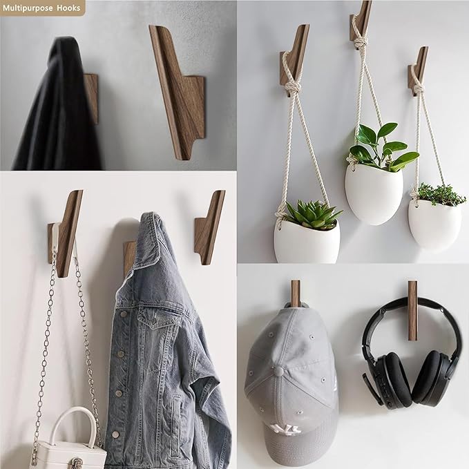 Wood Wall Hooks 4 Pack Coat Hooks Wall Mount Walnut Wooden Hooks for Hanging Hat, Bag, Backpack, Rustic Coat Hooks for Wall, Wood Towel Hooks for Bathrooms and Entryway Hooks (Walnut, Light)