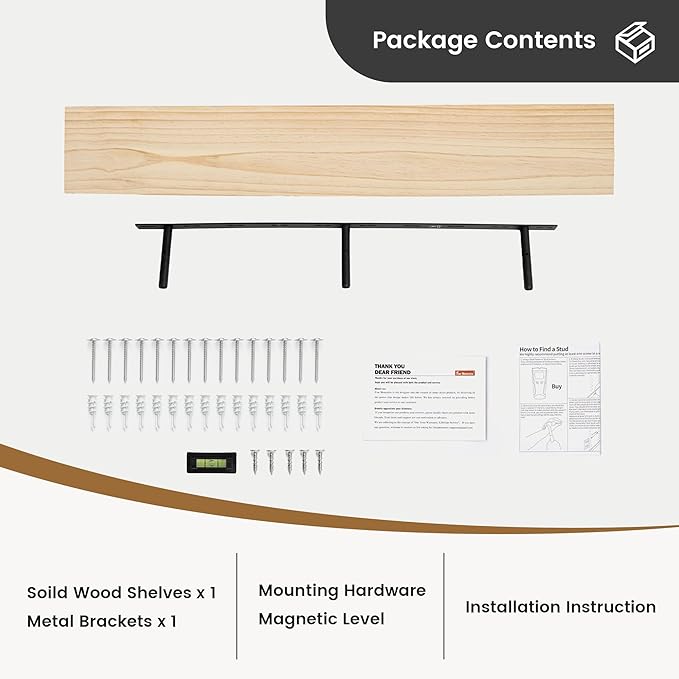 Fun Memories 48 Inch Floating Shelves for Wall, Deep Rustic Solid Wood Floating Shelf - Farmhouse Wall Mounted Display Shelf with Heavy-Duty Metal Bracket, 48" W x 8" D, Set of 1, Unfinished for DIY