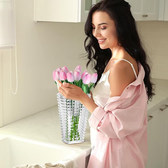 Faux Flowers in Vase, Artificial Pink Tulips Flowers Floral Arrangements with Glass Vase Flower vases with Bouquet for Table Centerpiece, Coffee Table Decor, Home Kitchen, Living Room, Bathroom Decor