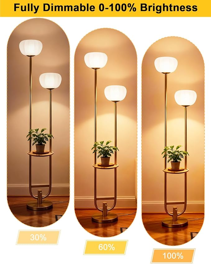 Lightdot 63IN Gold Floor Lamp Dimmable Standing Lamps with 2 Pumpkin Lampshades& Warm White LED Bulbs, Unique U-Pole Mid Century Modern Tall Lamp for Living Room/Bedroom/Wedding/Party