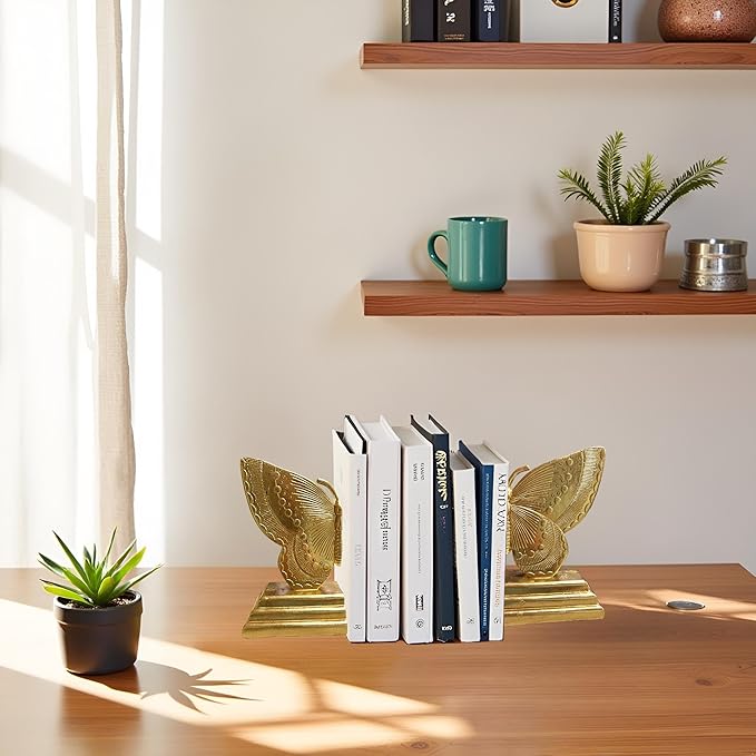 Golden Butterfly Bookends Set of 2 – Elegant Resin Book Stoppers, Heavy Duty Decorative Book Ends for Bookshelf, Home Office, and Gift