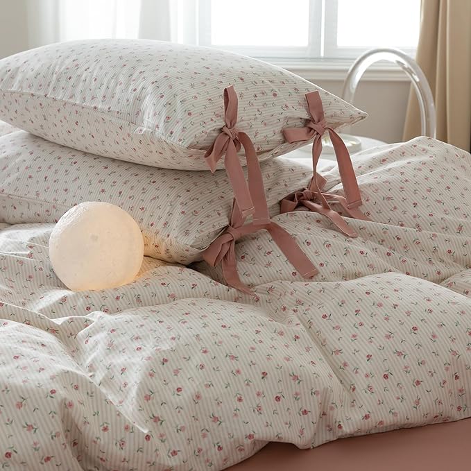 Pink Flower Duvet Cover Queen Vintage Garden Style Girls Comforter Cover Pink Stripes Bedding Set Cotton Rose Flower Comforter Cover with 2 Bow Ties Pillowcases Botanical Cottagecore Duvet Cover Set