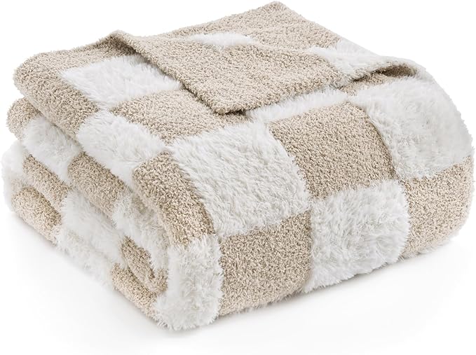 Snuggle Sac Checkered Throw Blanket Faux Fur Microfiber Blankets for Couch,Cozy Soft Warm Blanket for Sofa Bedroom Living Room,Beige Checker,60x80 inches