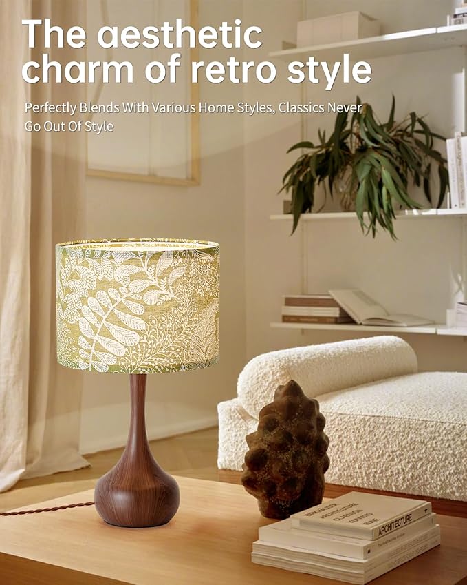 Vintage Boho Green Flower Fabric Red Wood Pattern Bedside Nightstand Table Lamp Set of 2 for Bedroom, Mid Century Modern Farmhouse Decorative Table Lamp Desk Lamp for Living Room Hallway Home Office
