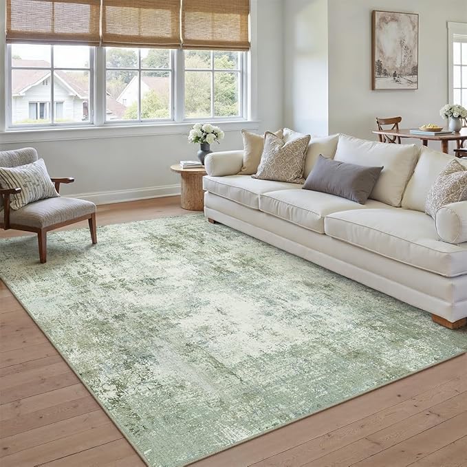 WondRg 6x9 Washable Area Rug Sage Green Abstract Living Room Bedroom Carpet Neutral Modern Non-Slip Soft Low Pile Lightweight Vacuumable Throw Rug for Dining Room Kitchen