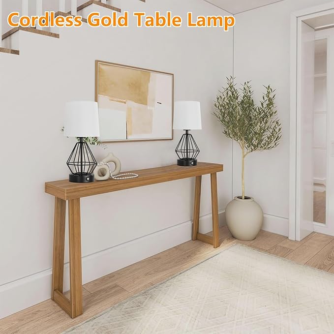 Black Cordless Lamp,Touch Stepless Dimming,8000mAh Rechargeable Battery Table Lamp,Black Cage Frame Wireless Lamp,White Lampshade,14.7inches Tall