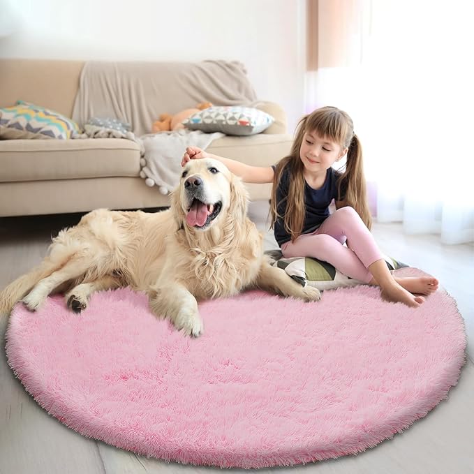 yulidayang Pink Fluffy Round Area Rugs for Bedroom,4'X4'Shag Circle Area Rugs for Girls Room,Non Slip Fuzzy Plush Rug for Kids Room Living Room and Dorm Home Decor Rug