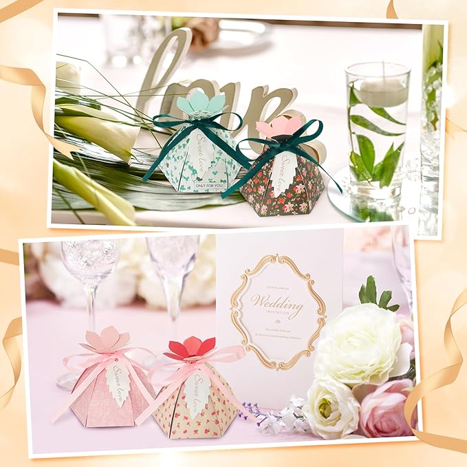 48Pcs Party Favor Candy Box, Petal Shaped Gift Candy Box with Tags and Ribbons for Flower Themed Party, Bridal Shower, Wedding Decorations, Candy Table Decorations