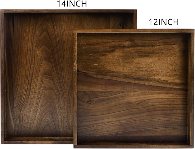 14 x 14 inches Large Square Ottoman Tray Solid Wooden Black Walnut Table Platter Decorative Serving Tray with Handle for Oversized Ottoman Home Breakfast in Bed Tea Coffee