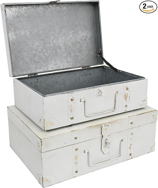 Vintage Metal Storage Trunks - Set of 2, Antique Decorative Storage Chests with Lids, Decorative Suitcase Boxes, Vintage Suitcases for Keepsakes and Home Decor, White