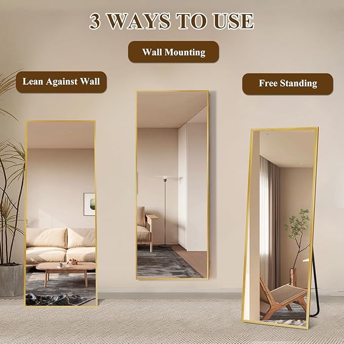 Full Length Mirror with Stand, Shatterproof Full Body Mirror, Aluminum Alloy Thin Frame, Freestanding/Leaning/Wall Mount for Bedroom