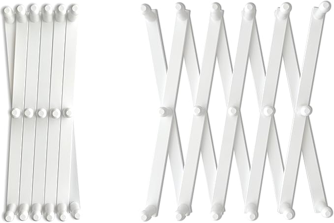 Expandable Wooden Coat Rack Hanger – Accordion Wall Mounted Pine Wood Hooks – Hand Made Vintage Expending Pegs – Hang Coat, Jacket, Hat, Leash, Towel, Mug, Bag, 17 Hook Chalk White