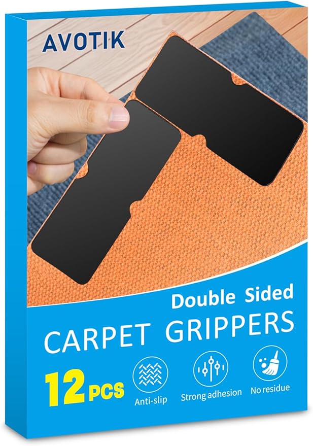 Avotik Rug Gripper for Hardwood Floors: 12 PCS No Damage Rug Tape - Anti Slip Rug Grips for Area Rugs – Secure Carpet Tape for Wood Floors, Safe & Strong Hold