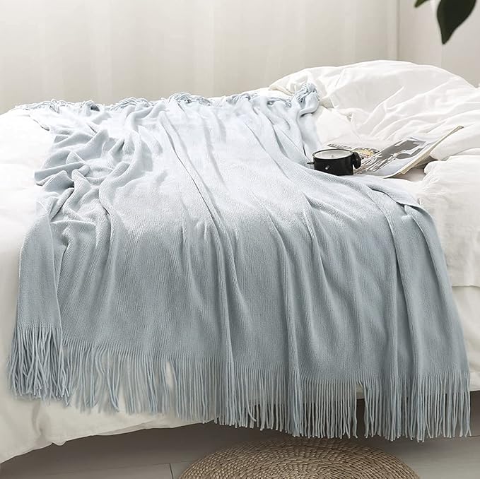 Homiest Decorative Knitted Throw Blanket with Fringe, Lightweight Acrylic Knit Blanket, Soft & Cozy Tassel Blanket for Couch Sofa Bed (Light Blue, 60 x 80 Inch)