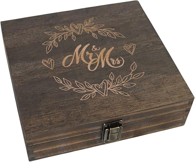 Mr and Mrs Wedding Memory Box- Wooden Keepsake Box with Lid for Couples, Rustic Storage Box for Cards, Photos & Mementos, Valentine’s Day, Wedding Anniversary & Engagement Gift- 8.5 x 8 x 2.4 Inches