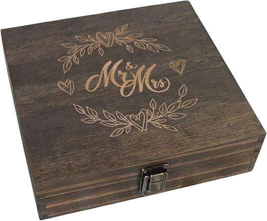 Mr and Mrs Wedding Memory Box- Wooden Keepsake Box with Lid for Couples, Rustic Storage Box for Cards, Photos & Mementos, Valentine’s Day, Wedding Anniversary & Engagement Gift- 8.5 x 8 x 2.4 Inches