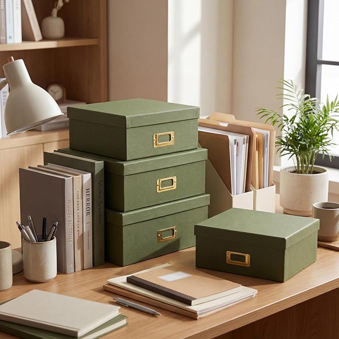 Eaasty Set of 4 Decorative Storage Boxes with Lids, Kraft Paper Boxes with Gold Label Holders, Decorative Photo Memory Keepsakes Storage, Cardboard Organizers for Home Decor, Office Organizing (Green)
