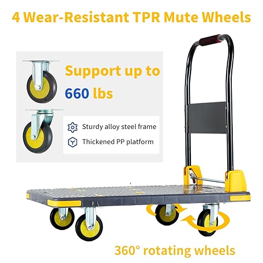 Push Cart Dolly - Foldable Heavy - Duty Flatbed Platform Cart with 360 - Degree Rotating Wheels for Moving in Food Truck and Trailer, Load Capacity 660 lbs, Black Gray