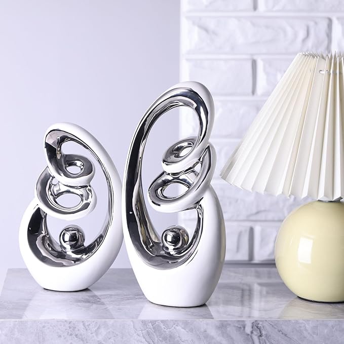 White Silver Ceramic Abstract Sculpture, Modern Accent Decor, Porcelain Statues Art Deco Show Piece for Home, Knick Knacks, TV Stand Centerpieces