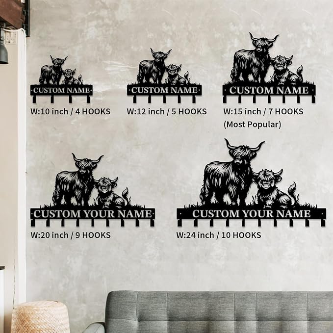 magilab Personalized Custom Highland Cow Wall Hooks,Metal Highland Cow Art Clothes Hooks,Metal Highland Cow Wall Home Storage Decorative,for Front Door, Hallway, Kitchen, Bedroom,Keys,Hats (Style J)