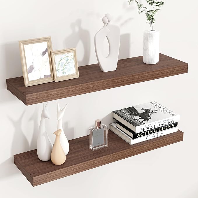 Floating Shelves for Wall 24"W x 6.7"D x 1.37"H, Engineered Wood Wall Shelves with Invisible Brackets for Living Room Bedroom Bathroom Office Kitchen Decor and Storage, Walnut Finish, Set of 2