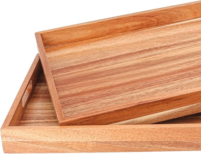 2 PCS Acacia Wood Serving Tray with Handles - 17 x 11.5 Inch Elegant Rectangle Wooden Tray for Food, Decorative Snack Tray, Breakfast and Kitchen Tray, Ideal Wooden Serving Platter for Homes