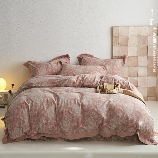 Blush Pink Floral Duvet Cover Queen Vintage Pink Flower Jacquard Comforter Cover with Edge Design Linen Cotton Yarn-Dyed Textured Flower Duvet Cover Breathable Comfy Cottagecore Bedding Set Queen