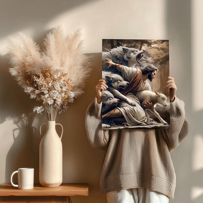 Jesus and Lamb Canvas Wall Art Jesus Saves the Lost Lamb Poster Wall Decor God Protect A sheep From Wolves Print Painting Christian Picture Artwork for Living Room Bedroom Church 16x24in Framed