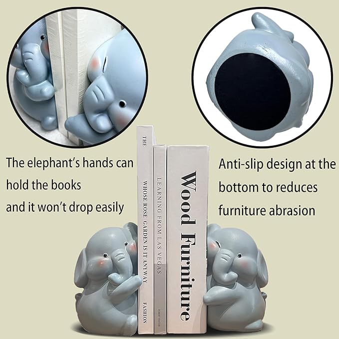 Cute Elephant Bookends Decoration, Book Ends for Heavy Books, Book Holders for Shelves in Home Office Children’s Rooms Desk Bookshelf, Great Christmas Birthday Gift