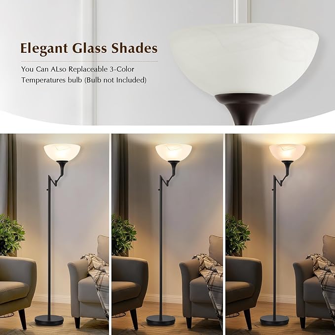 EJIAXIN Floor Lamps for Living Room Black, 70" Tall Standing Lamp with Glass Shade, Torchiere Floor Lamp with 350°Adjustable Swing Arm Lamp, Pole lamp for Bedroom, Living Room, Office, Bulbs Included