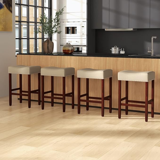 Giantex 25" Counter Height Bar Stools Set of 2 - Backless Saddle Barstools with Nailhead Linen Foam Seat, Max Load 330 Lbs Wood Bar Stools with Foot Rest for Kitchen Island, Khaki
