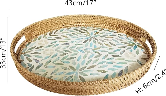 i-lan 17 Inch Blue Mother of Pearl Inlay Rattan Serving Platter,Rattan Coffee Bread Tray Display with MOP Inlay Wooden Base, Decorative Wicker Basket for Table Decor, Storage of Fruit,Candy