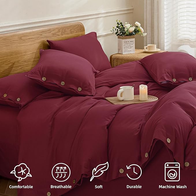 JELLYMONI Cotton Duvet Cover Full Size - Burgundy Comforter Cover with Button 100% Washed Cotton 3PCS Breathable Soft Solid Bedding Set Duvet Cover 80×90in & 2 Pillowcases (NO Comforter)