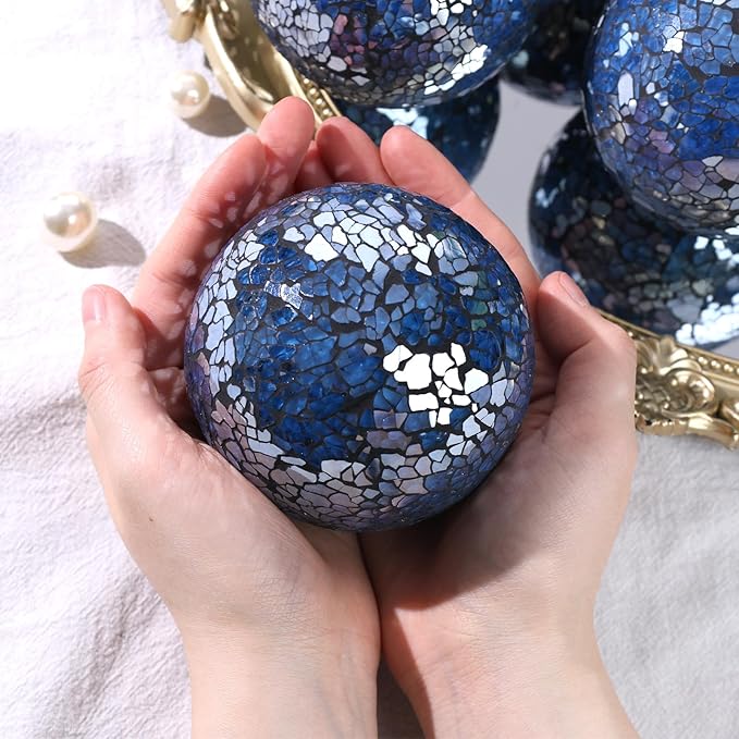 DomeStar 3PCS Decorative Balls, Mosaic Glass Orbs Centerpiece Balls 4inch Dark Blue Orbs for Decorate Bowls Vases Tables Wedding Party