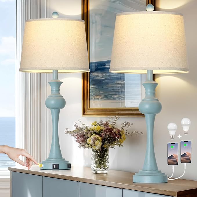 29" Coastal Table Lamp Set of 2, 3-Way Dimmable Touch-Control Bedside Lamps with USB-A+C Ports, Vintage Farmhouse Nightstand Lamps for Bedroom, Retro Blue (Includes 2 LED Bulbs)
