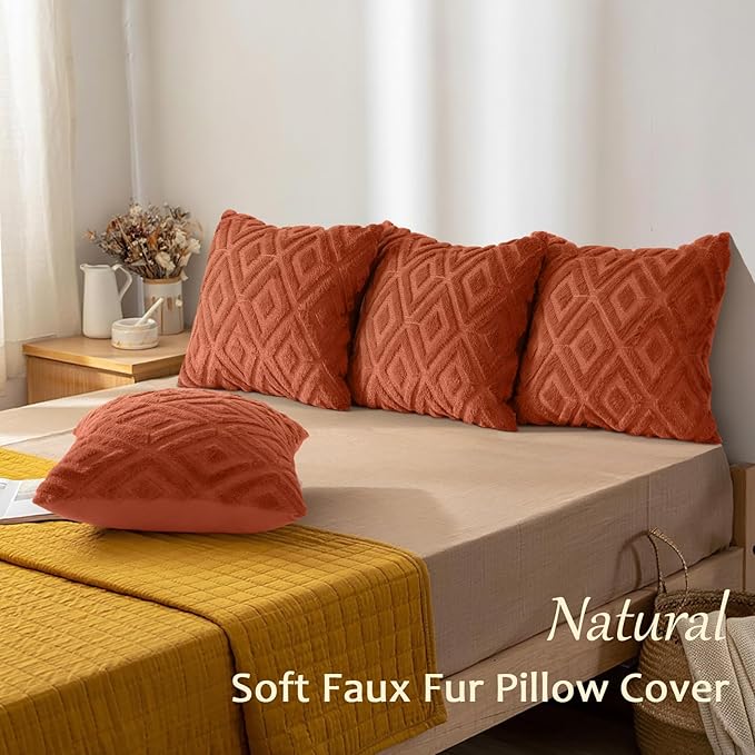 decorUhome Pack of 4 Faux Fur Fall Burnt Orange Throw Pillow Covers 16x16, Soft Decorative Couch Pillow Covers with Velvet Back for Modern Sofa Living Room, Rust