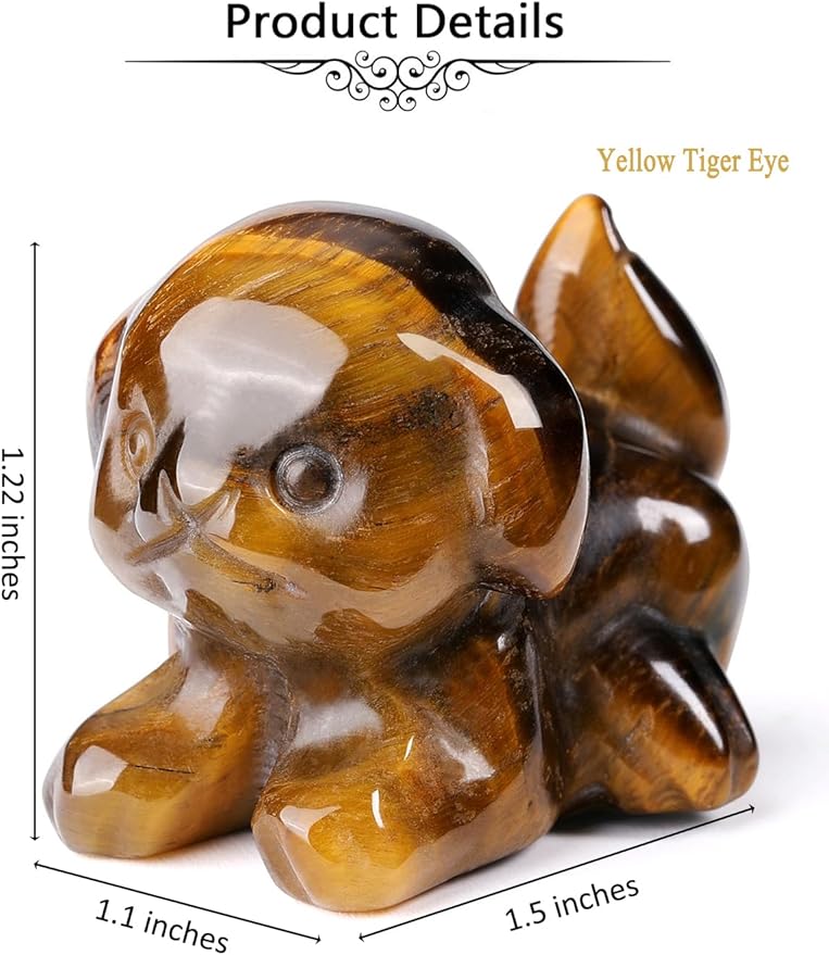 Jovivi Natural Tiger Eye Crystal Lying Dog Statue Home Decor Carved Mini Gemstone Puppy Dog Figurines Pocket Sculpture Reiki Healing Stones Decorative Ornament Gift