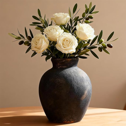 Ceramic Vase, 6 inch Minimalist Rustic Farmhouse Terracotta Vase for Home Decor, Table, Living Room, Entryway, Shelf, Mantel Decoration (Black)