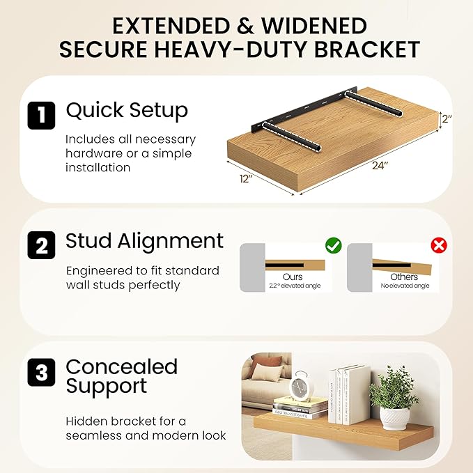 30Inch Oak Floating Shelves for Wall, 12 Inch Deep Shelves for Bedroom, Kitchen, Bathroom Wall Mounted, Rustic Wood Floating Shelf with Invisible Brackets for Books, Storage, Decor, 2 Packs